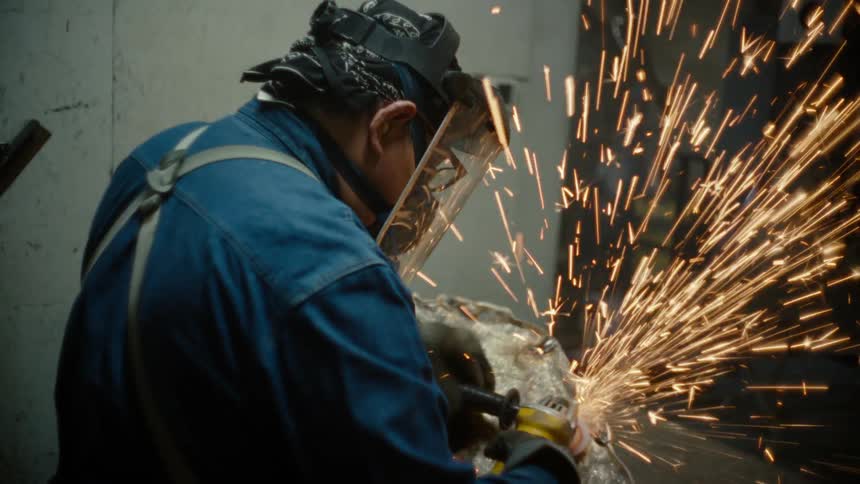 Sparks fly as a man wearing a welding helmet is working with metal