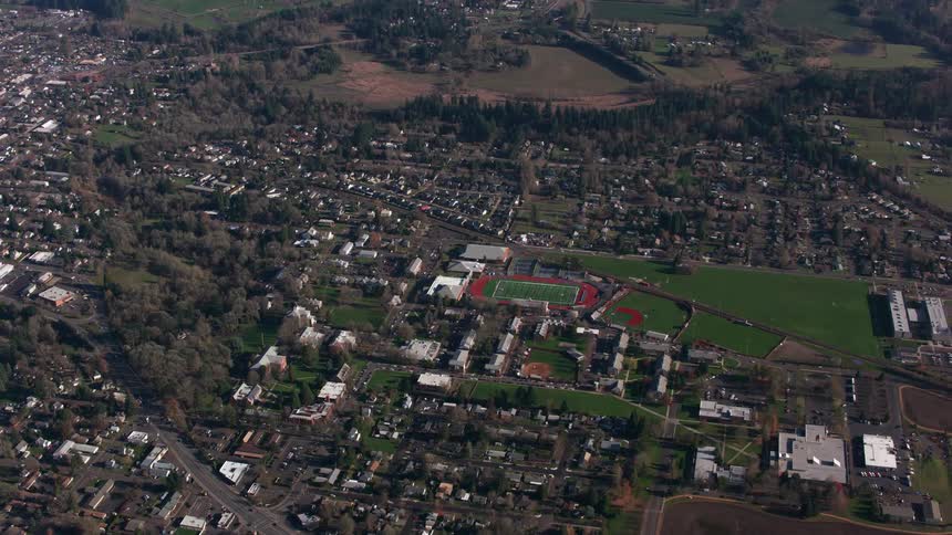Aerial view of a suburbs and sports fields on a small town