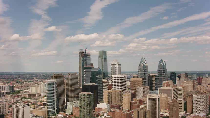 Aerial view of tall skyscrapers on the city skyline at daytime