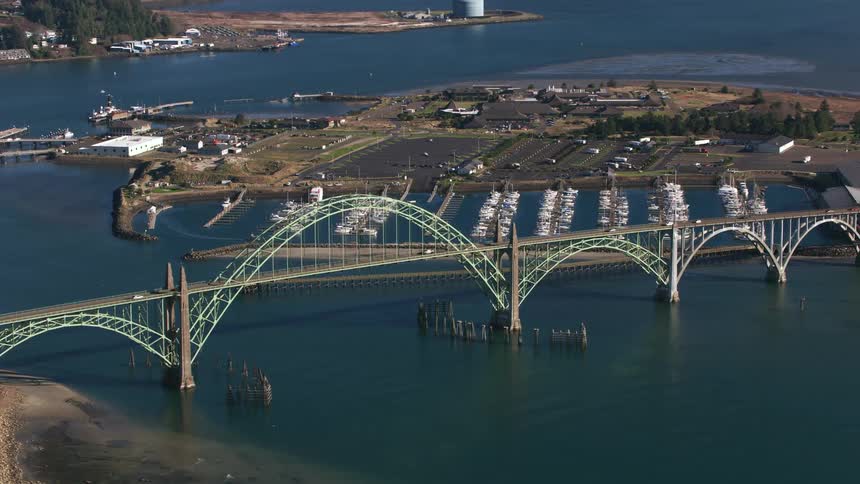 A large bridge connecting a coastal city to a peninsula with a marina