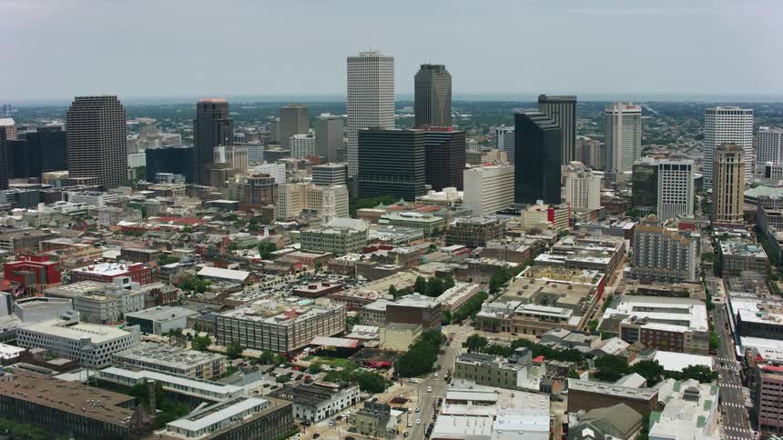 Aerial view of skyscrapers and highways in the city