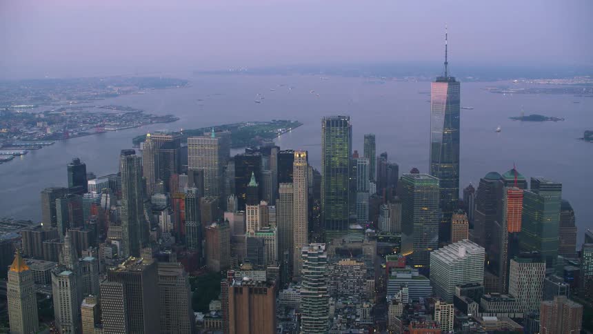 Aerial view of lower manhattan at sunset facing hudson river in the east