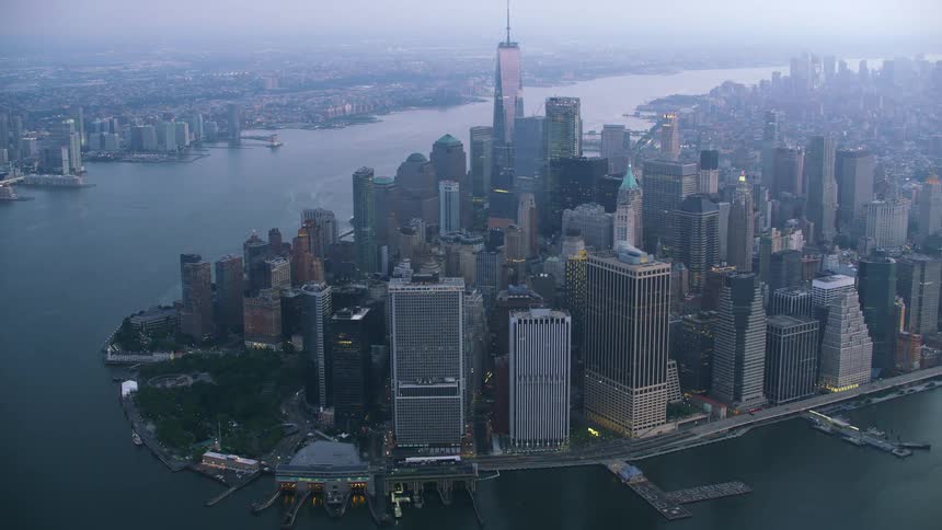 Aerial view of the skyscrapers on new york city under the morning haze