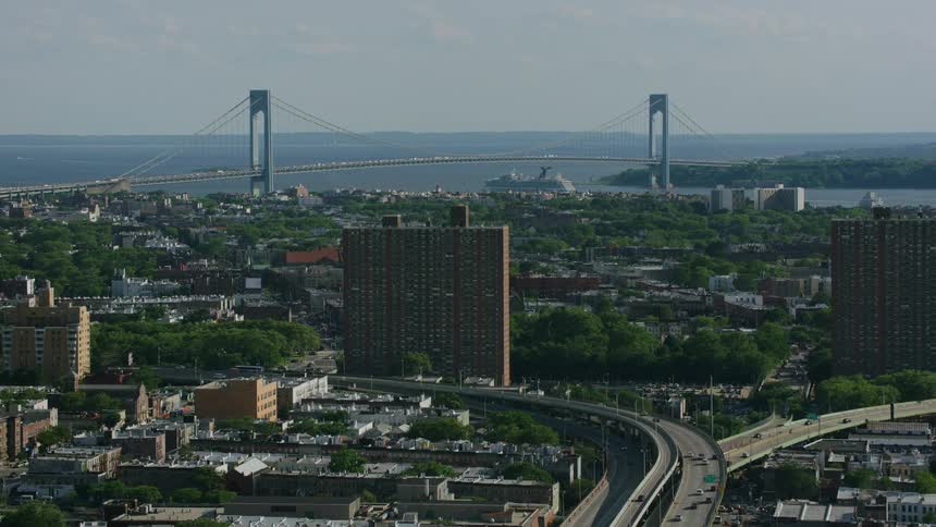 Aerial view of new york city hudson river brooklyn bridge daytime