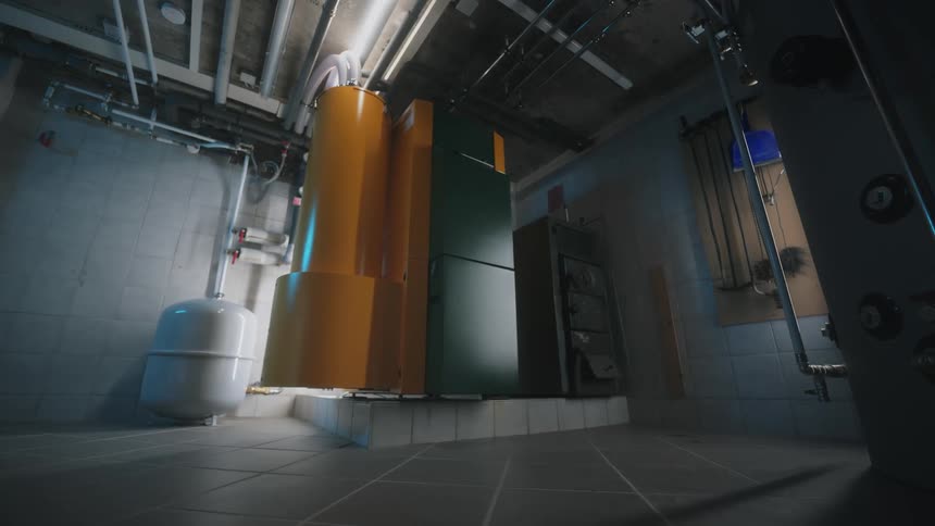 Utility equipment sits on a riased surface in a room