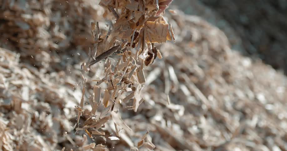 A pair of hands dropping many shards of wood onto an already existing pile