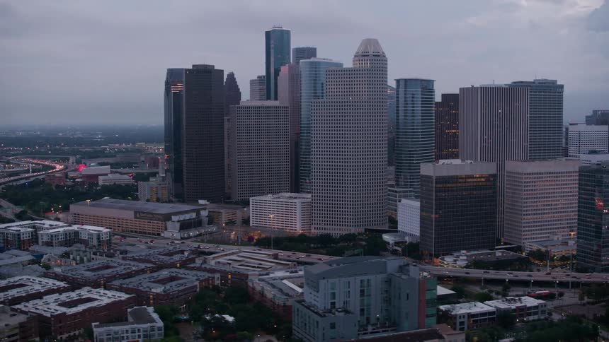 Aerial view of skyscrapers and high rise buildings in the city