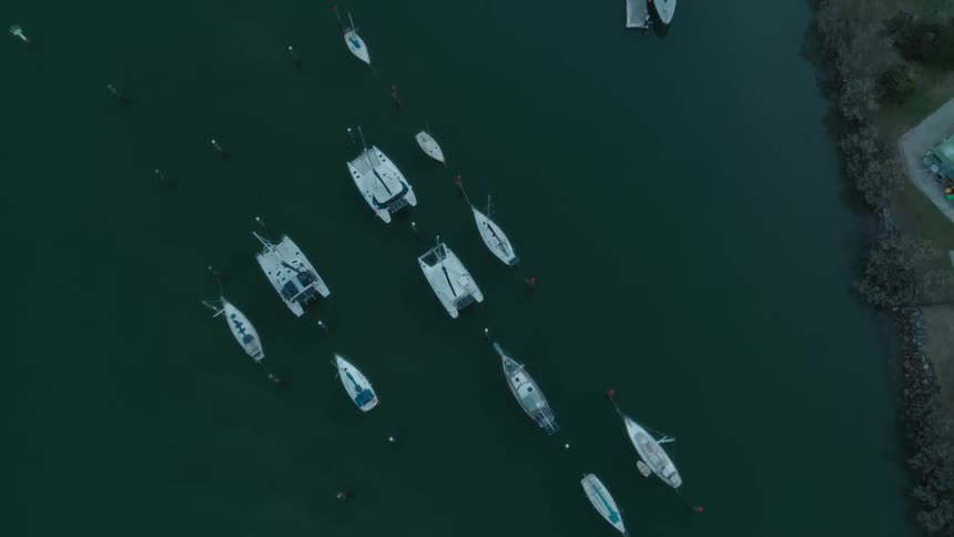 Drone view of boats docked along a coast line in the waters