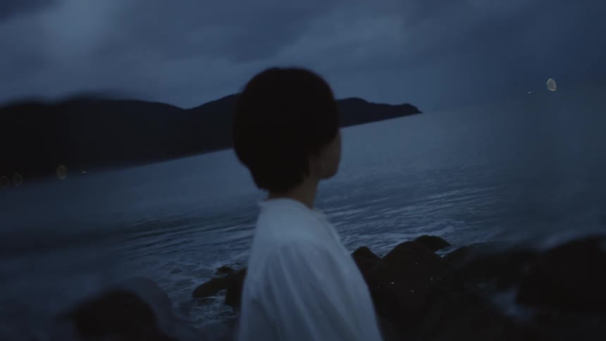 A woman gazes at the sea at night