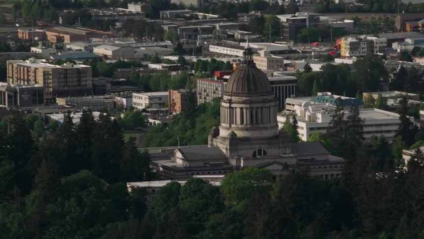 Tall trees surround a government building downtown