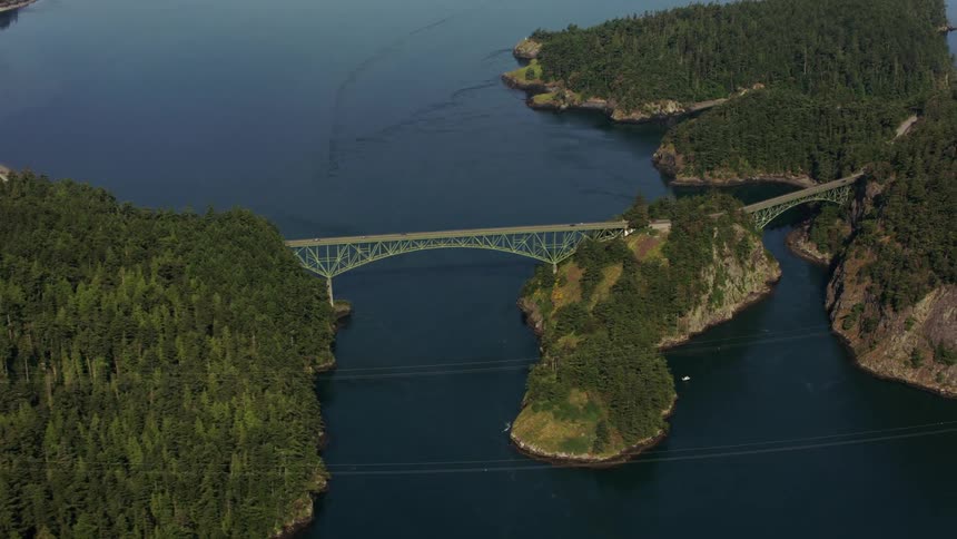 Traffic moves across a bridge between forested mountains along the coast