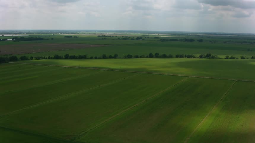 An aerial view of grassy fields separated by rows of bushes