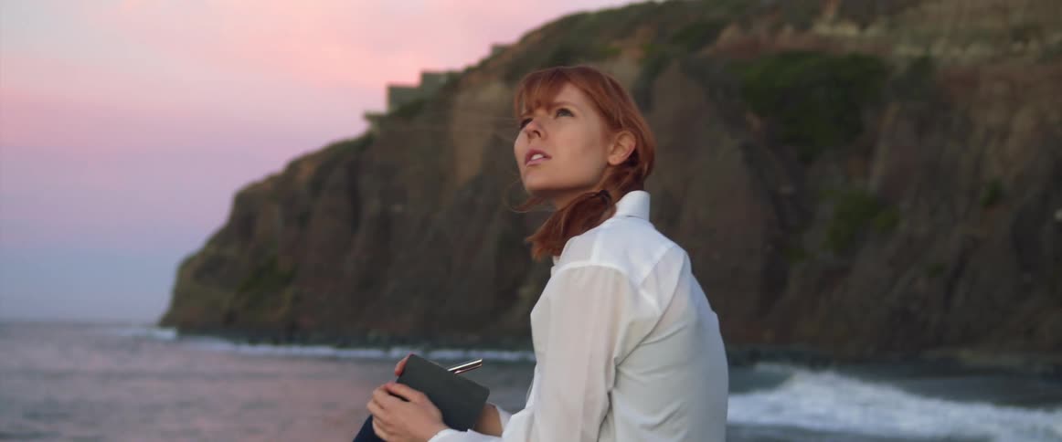 Woman with red hair and a white shirt sitting on a rock and looks around to get inspired and write down in a notebook on a coast with red sky at dusk