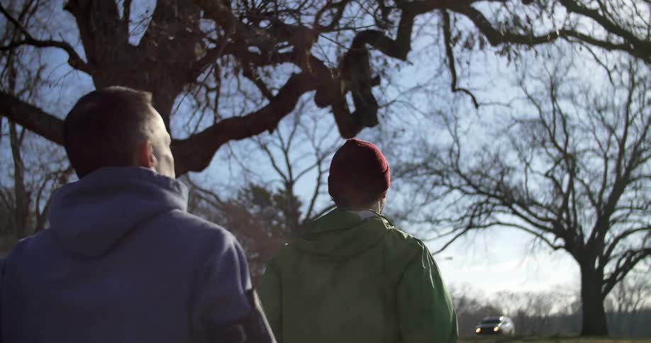 A group of men is jogging along a tree-lined parkway