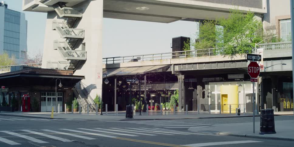 A city intersection has no traffic or pedestrians at mid day