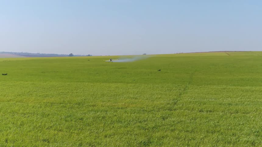 Drone view of a wide open grassy field as a small plane flies over hovering over the grass
