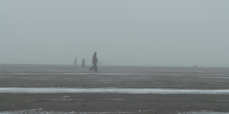 A group of hunters are walking through a field on a foggy winter day