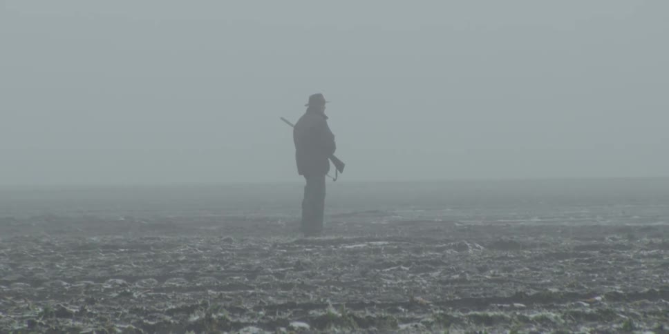 A man with a rifle is walking through a foggy field