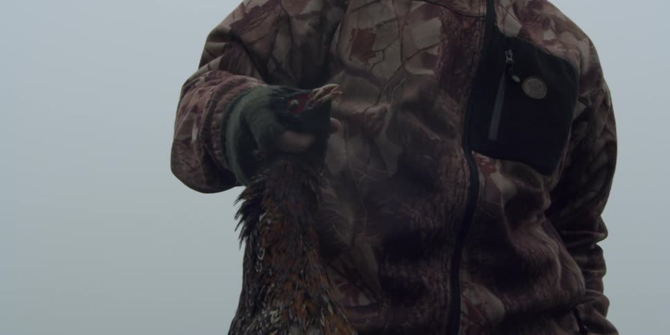 A hunter is holding a dead pheasant in his hand outside in daylight
