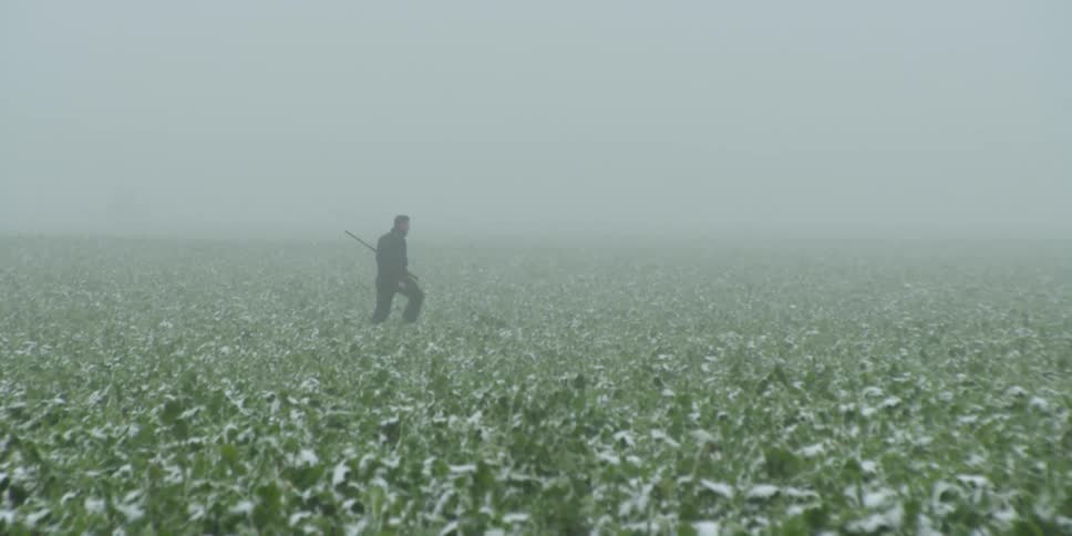 A man is walking through a foggy field with his dog hunting birds
