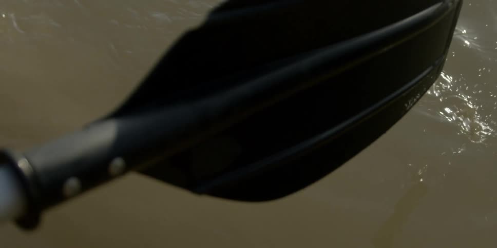 A boat paddle rowing in muddy water