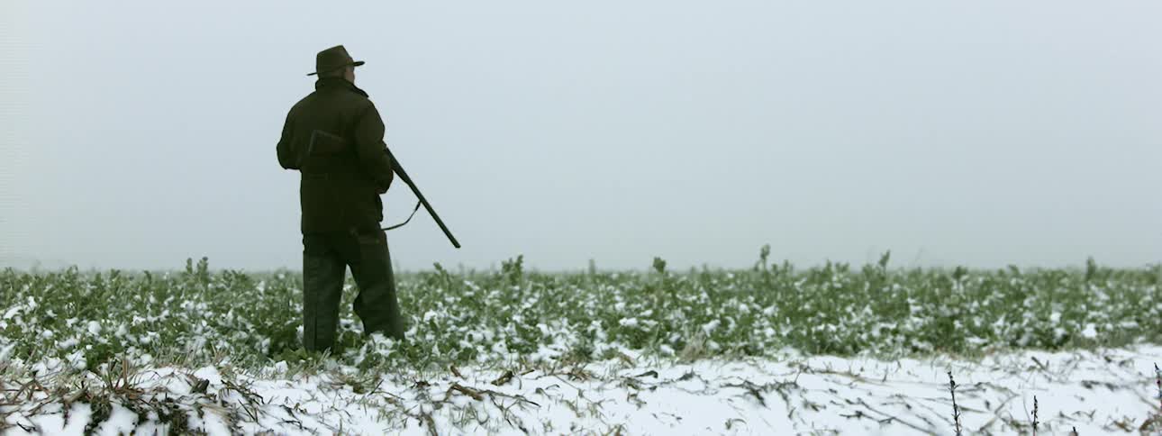 A hunter stands in a field while holding a rifle