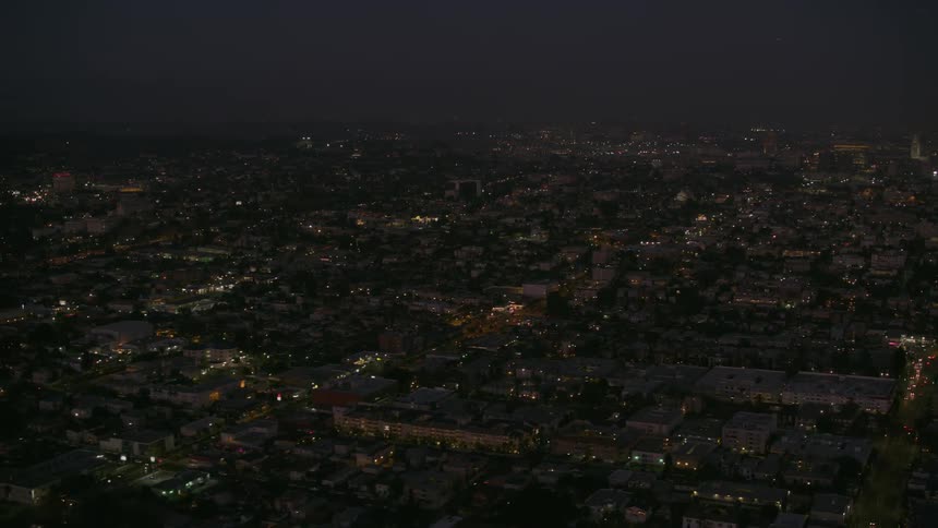 An aerial view of a large city at night
