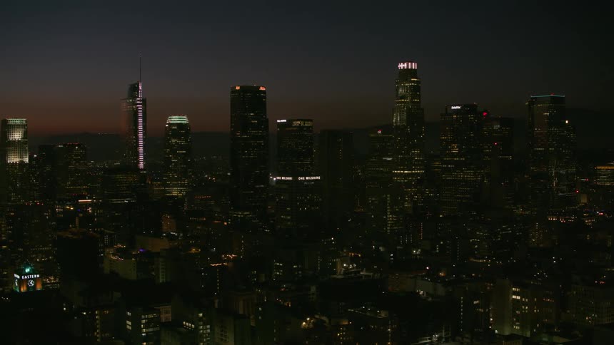 Aerial view of a downtown city during the night time