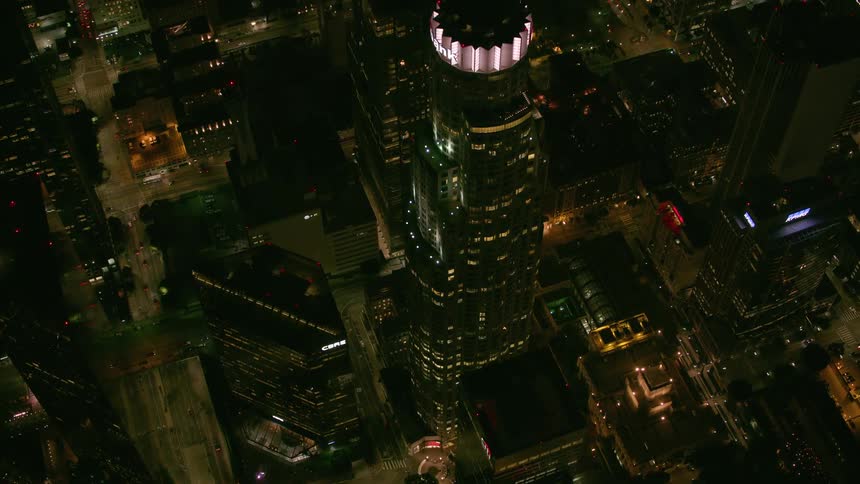 Birds eye view of a downtown city during the night time