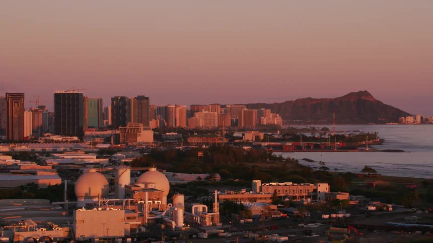 A city in an island at dawn