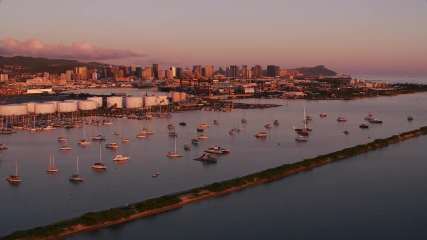 Aerial view of a downtown city on the beach coast is displayed