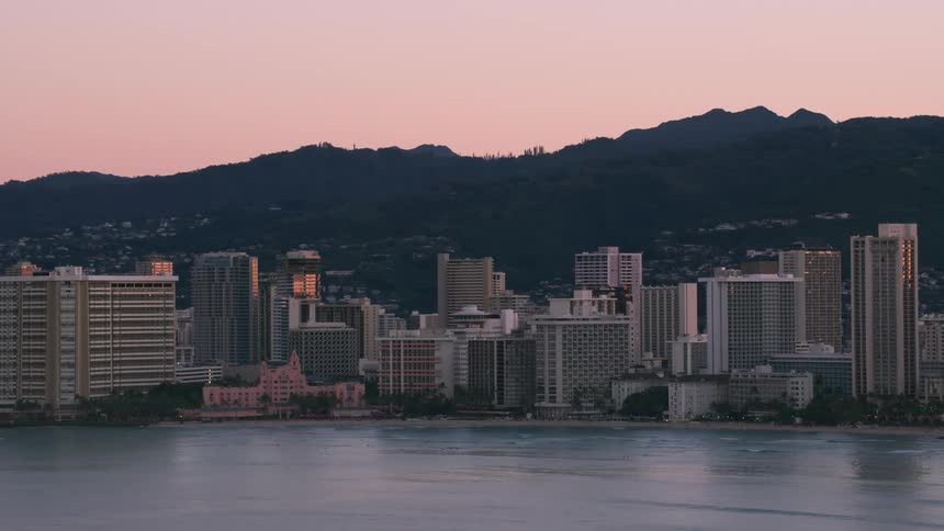 Aerial view of a downtown city near the ocean coast