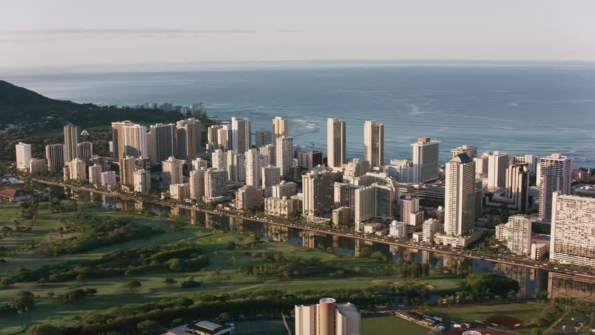 Rows of buildings are near the ocean
