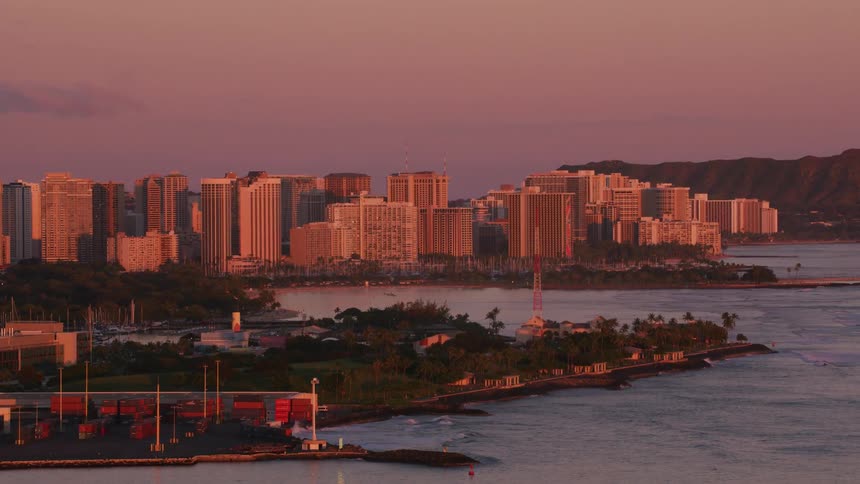 Buildings line the shore of the city