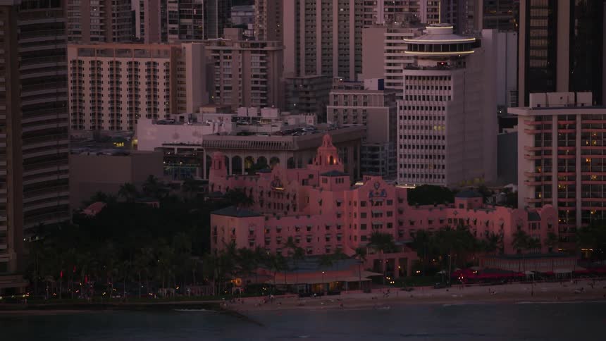 Aerial view of downtown buildings during sunset