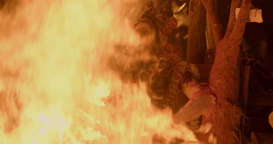 A bonfire burning a statue of a woman next to a tree