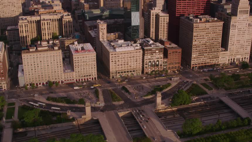 An aerial view of buildings in a large city