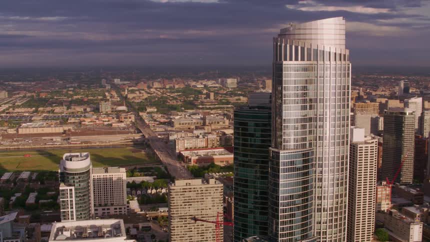 Aerial view of high rise buildings and skyscrapers