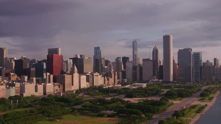 Aerial view of public park and high rise buildings in the city