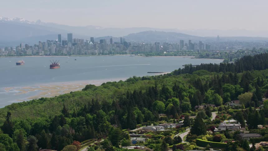 An aerial view of a coastal forest with a few houses with a big city on the horizon