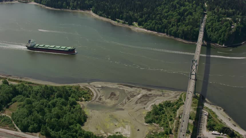 Freighter leaves wake while traveling toward suspension bridge crossing river near forest bordering city