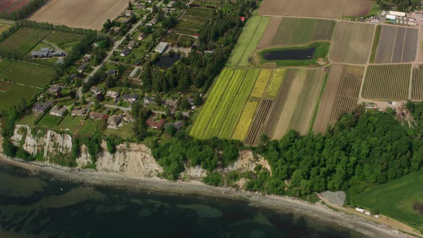 Aerial view of pacific coast near vancouver maybe oregon with farmland and residences white chalk cliffs