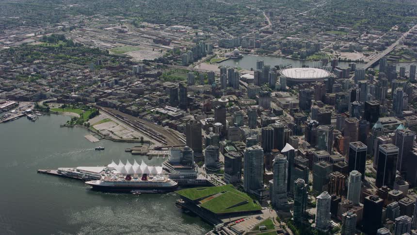 Aerial view of downtown city port and harbour in vancouver