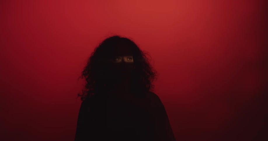 Young hispanic woman with long curly hair in black silhouette with single point light on eyes and red light on background