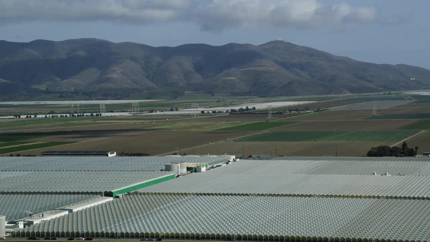 Drone view of an agriculture farm with wide open fields and a mountain on the horizon