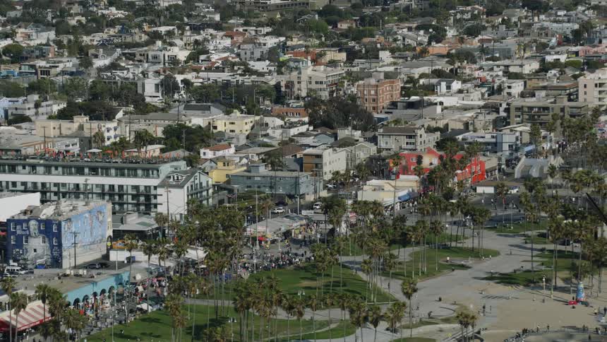 Aerial view of town and beach