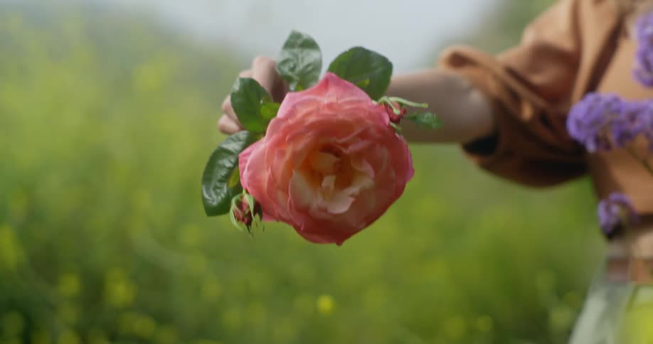 Woman with brown blouse and jeans holds out a flower and drops it