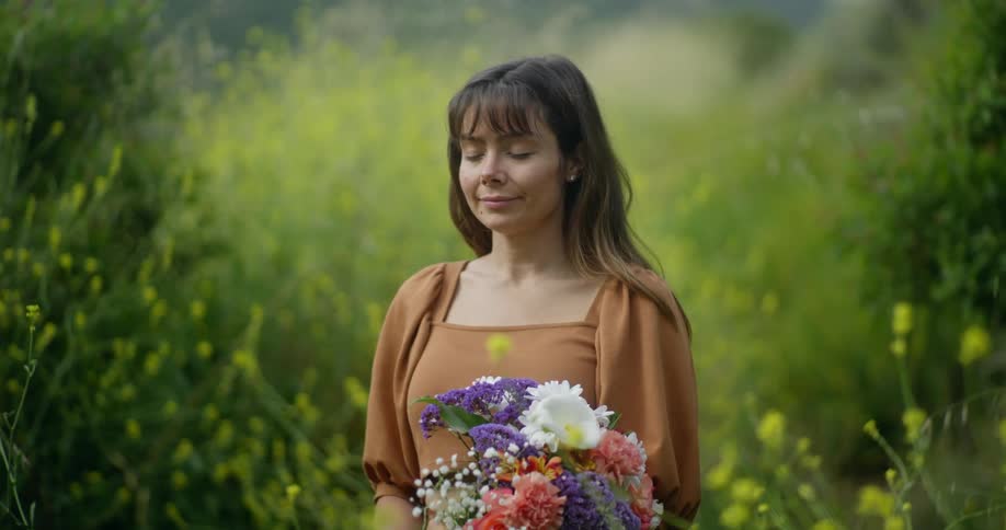 The view is of a young woman that is standing in a field of grass and holding flowers