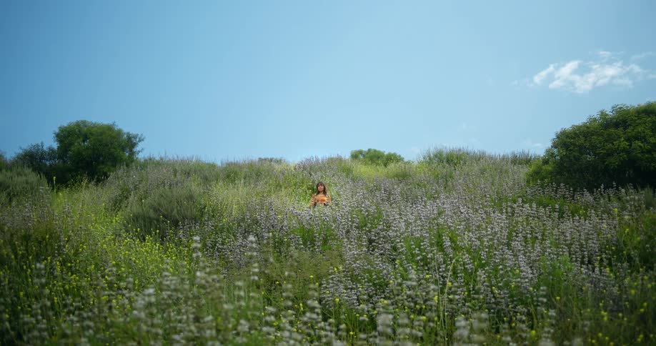 Woman stands in meadow full of wildflowers on a slightly cloudy day