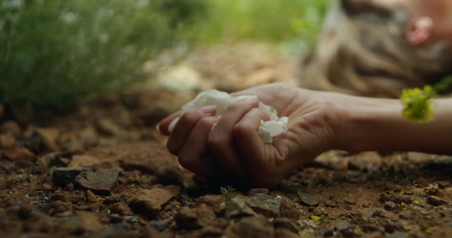 Woman lies on the ground on her back and crushes blossom she was holding in her hand
